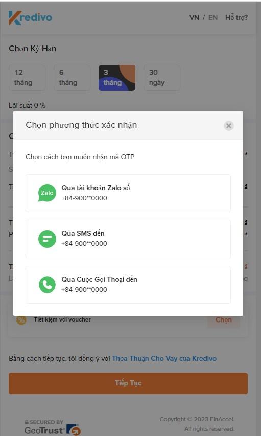 Chọn 1 trong 3 phương thức để xác nhận mã OTP